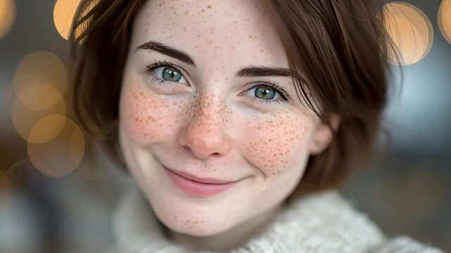 Smiling Woman with Freckles Closeup Portrait.