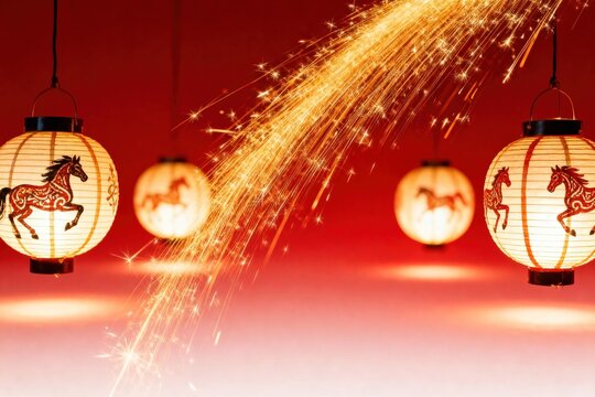 Vibrant Chinese Lanterns With Horse Design Hanging Against Red Background With Sparkling Fireworks, high resolution professional stock image with cinematic lighting balanced composition and vers siyam