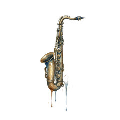 Naklejka premium Watercolor saxophone with paint drips and musical notes