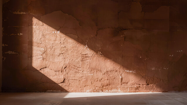 A textured reddish-brown wall with peeling plaster and cracks illuminated by a diagonal shaft of sunlight hitting the wall and floor