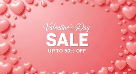Valentine's Day sale banner featuring pink 3D hearts, text, and a vibrant color scheme