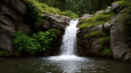 Obraz premium A dynamic waterfall cascades down moss covered rocks into a clear pool surrounded by lush green vegetation and a dense forest
