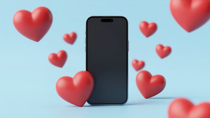 Modern Smartphone Surrounded By Floating Red Heart Icons On A Light Blue Background, 3D Rendering Style