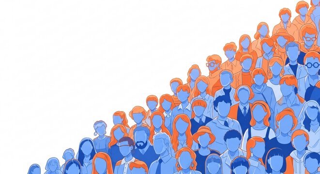 A large crowd of people in blue and orange colors forming a gradient pattern on a white background with diverse faces and expressions