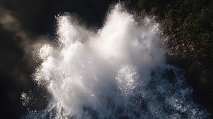 Fototapeta premium Powerful overhead view of bright white water spray illuminated by sunlight against dark depths and rocky terrain