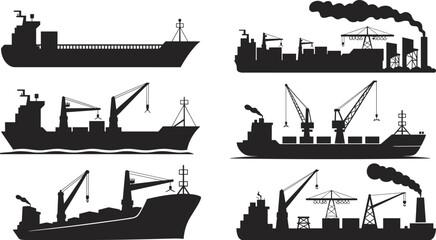 Obraz premium Black and white silhouettes of industrial ships and factories with cranes and smokestacks