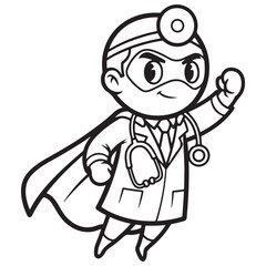 Obraz premium Flying Cartoon Medical Hero with Stethoscope, Mask, and Cape Line Art