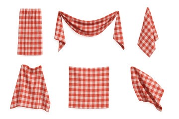 Fototapeta premium Red and white gingham cloths and napkins shown in six folded, draped and hanging arrangements, ideal for picnic, kitchen or rustic table settings