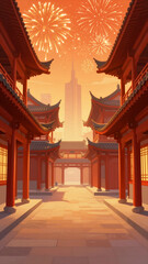 Fototapeta premium Traditional Asian Temple Courtyard With Fireworks In The Sky, Illustration With Warm Colors And Serene Architecture