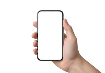 A hand holding a smartphone with a blank screen