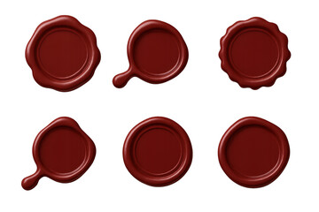Six red wax seal shapes with glossy melted edges, round, scalloped and drippy variations on a transparent background