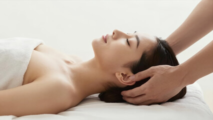 Obraz premium Woman Receiving A Relaxing Head Massage While Lying Down On A Spa Treatment Table