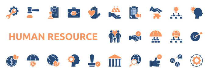 Human Resource icon two color style with team, support, report, approval, problem solving, idea, mindset icons