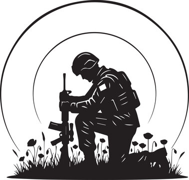 Black and White Military Remembrance Vector of Mourning Veteran with Rifle