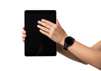 A hand holding a tablet with a smartwatch on the wrist