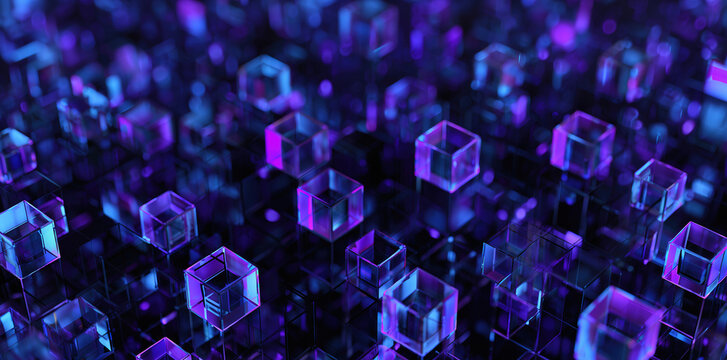 An abstract tech background with 3D blocks and neon glow in blue and pink tones. The geometric digital surface with reflections and depth creates a sense of cyberspace, data, and innovation.