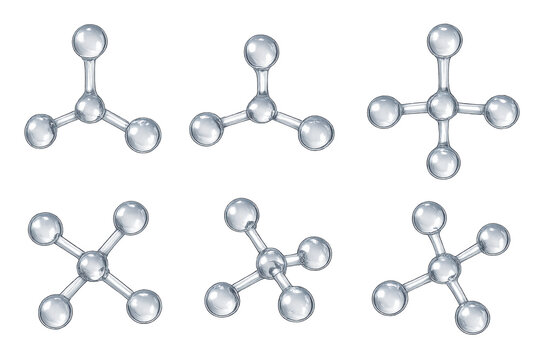 Shiny metallic molecular models arranged in six variations showing atom-and-bond structures on a transparent background
