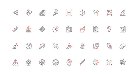 Science, biotechnology and physics, chemical and space research, engineering line icon set. Scientific experiment, genetics and pharmacy thin black and red outline symbols vector illustration © lembergvector