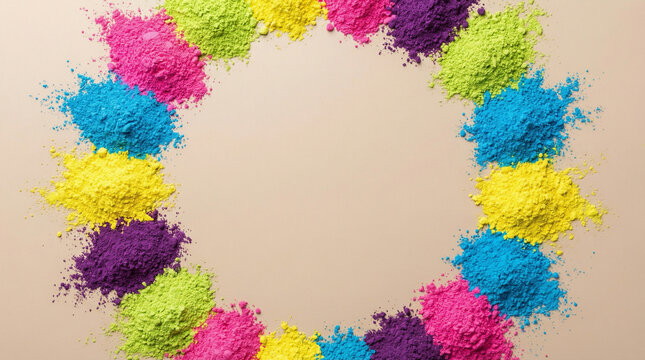 Holi festival colorful powder frame on beige background celebrating spring happiness unity and vibrant Indian festival of colors concept