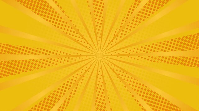 Radial yellow halftone pop art background animation with bold lines. Seamless loop. Suitable for comics, presentations, posters, etc.
