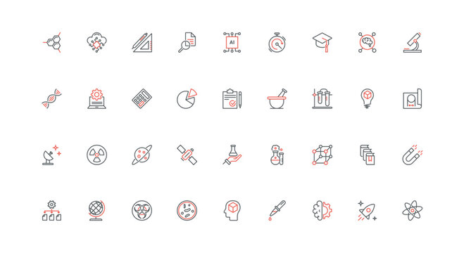 Science, biotechnology and physics, chemical and space research, engineering line icon set. Scientific experiment, genetics and pharmacy thin black and red outline symbols vector illustration