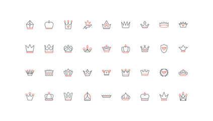Crown of king and queen, royal tiara of emperor, princess and prince, authority line icon set. Luxury award, winners classic trophy, VIP member thin black and red outline symbols vector illustration © lembergvector