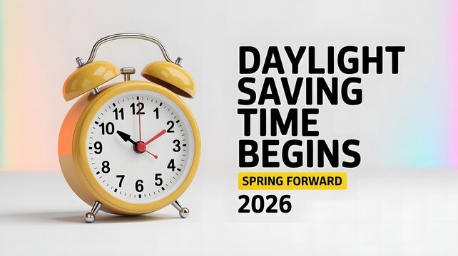 Daylight Saving Time Begins 2026 illustration with alarm clock and spring forward concept for seasonal time change awareness design