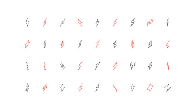 Lightnings of different shape, instant bolt of energy strike and electric charge line icon set. Electricity and battery recharge sign, arrow thin black and red outline symbols vector illustration