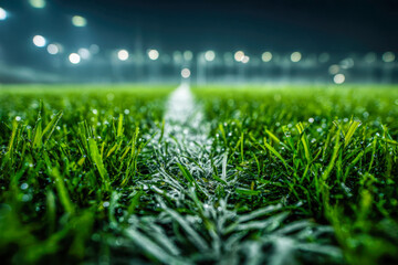 Intricate view of a wet sports field illuminated with bright stadium lights on a foggy evening showcasing detailed grass and white field markings