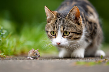 Fototapeta premium Domestic tabby cat intensely watching a tiny mouse on the ground in an outdoor natural setting with blurred green background and focused expressions