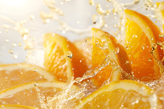 Juicy sliced oranges with radiant liquid splash in dynamic motion for refreshing design
