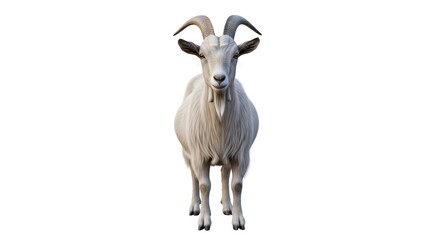 A white goat stands on a white background looking directly at the camera, its horns curving upward