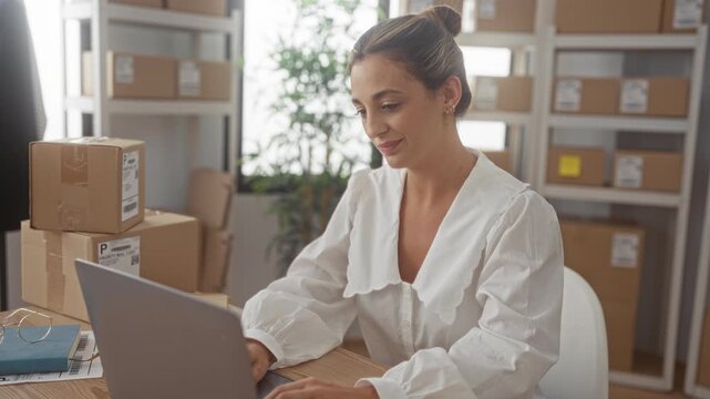 Woman smiling and typing on laptop among stacked parcels and shipping boxes in a light filled building; small business confidence.