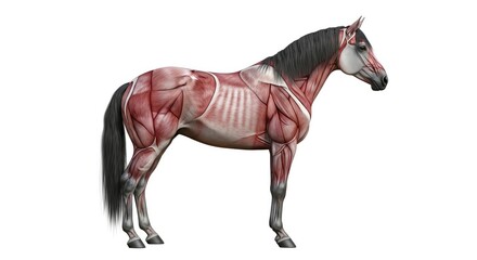 High-resolution 3D rendering of the intricate muscular system of a domestic horse, designed for comprehensive anatomical education and biological research