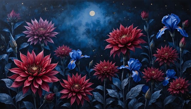 n this painting by Paola Salom&eacute;, a nocturnal plant scene unfolds beneath a deep blue sky, its texture created by layered dry-brush acrylics and subtle oil glazes to achieve a velvety darkness