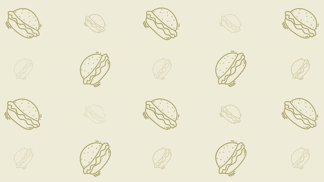 Food doodle pattern with quirky burger drawings on beige background. Suitable for menu design, food blog, packaging, and kitchen decor.