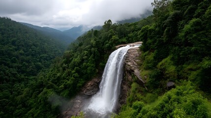 Fototapeta premium Majestic waterfall cascades through a lush green jungle under a cloudy sky