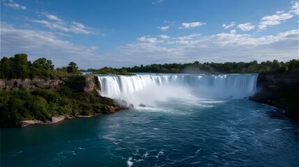 A majestic waterfall cascades powerfully into a vibrant blue river illuminated by a sunny sky with scattered clouds