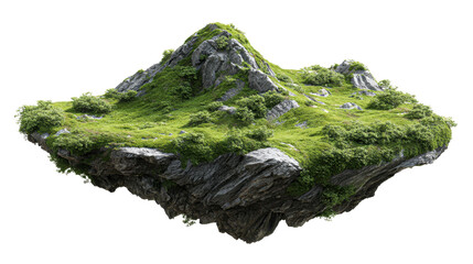 Floating fantasy island with ancient stone peaks and lush green grass representing stability and new beginnings, isolated on a transparent background, 3d rendering