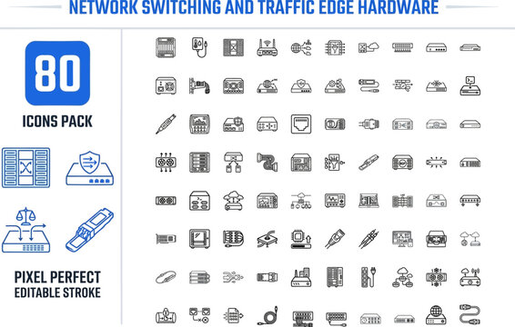 Network Switching and Edge Hardware Outline Vector Icon Set &mdash; Router Traffic Infrastructure Editable Stroke Icons for IT and Data Center Systems