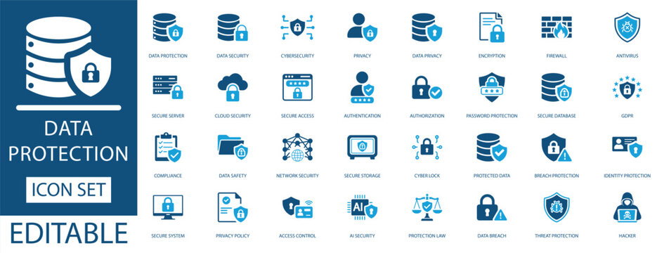Data protection icon set. Editable blue flat design for cloud security, encryption, privacy, firewall, and server safety. Ideal for tech web.