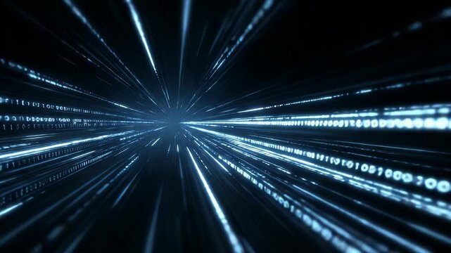 Binary code digital data and light pulses futuristic technology, abstract blue glowing motion, high speed energy stream, cyberspace, innovation, intensifying data lines, virtual science communication