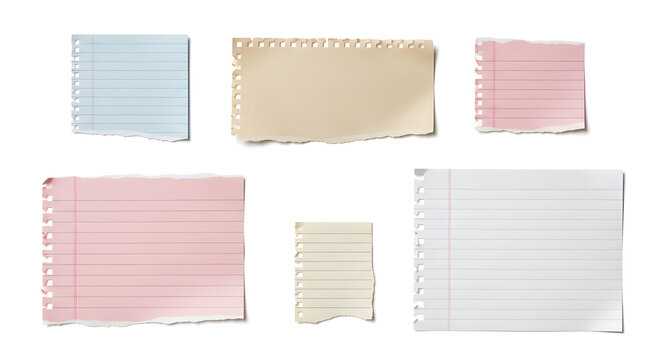 Collection of torn notebook paper sheets in various colors and sizes on white background