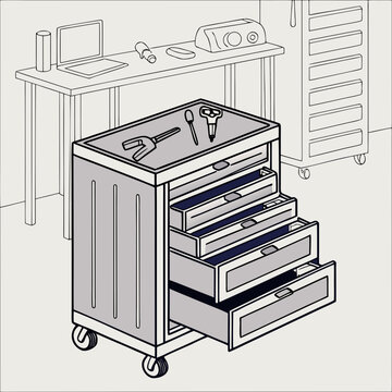 Organized workshop scene with a rolling tool chest, open drawers, and workbench clutter, depicting a workspace.