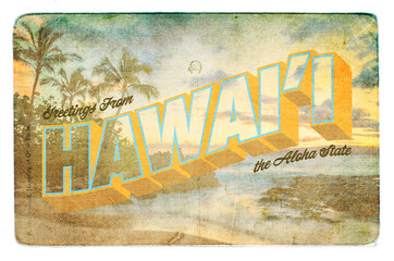 A vintage postcard design that says "Greetings from Hawaii" © Waldrop
