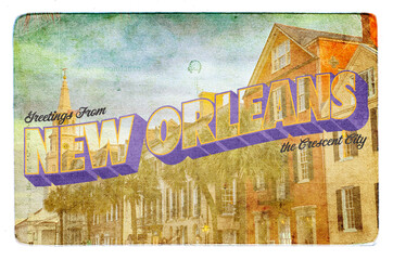 A vintage postcard design that says "Greetings from New Orleans" © Waldrop