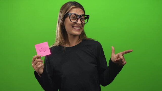 Woman holding a pink sticky note with a smiley face while pointing finger to the side in a green studio, wearing black top and large glasses; cheerful optimism.