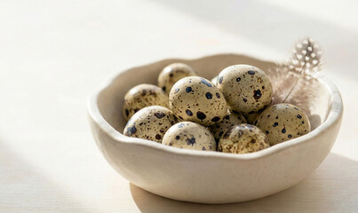 Obraz premium Minimalist still life of small speckled quail eggs in a handcrafted ceramic bowl