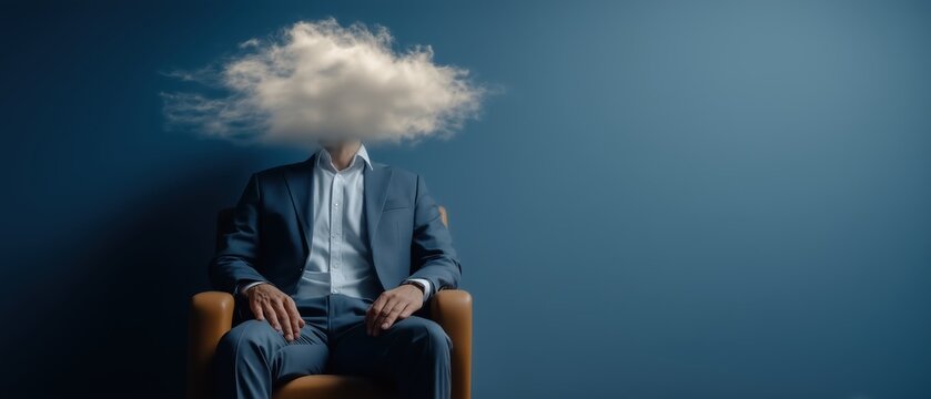 Businessman in armchair with cloud head