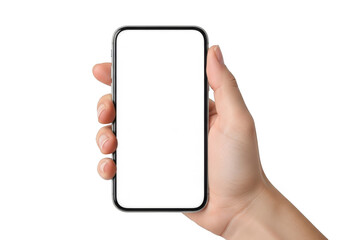 A hand holding a smartphone with a blank screen